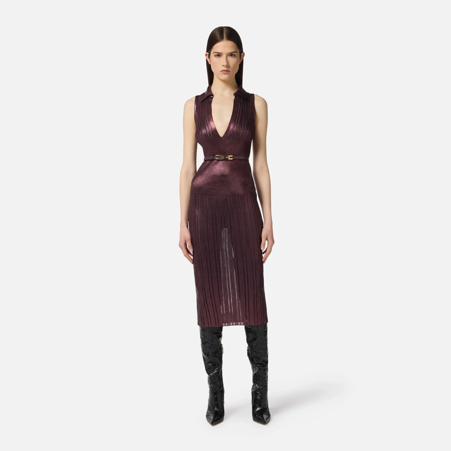 Vestido de punto laminado con cinturón
