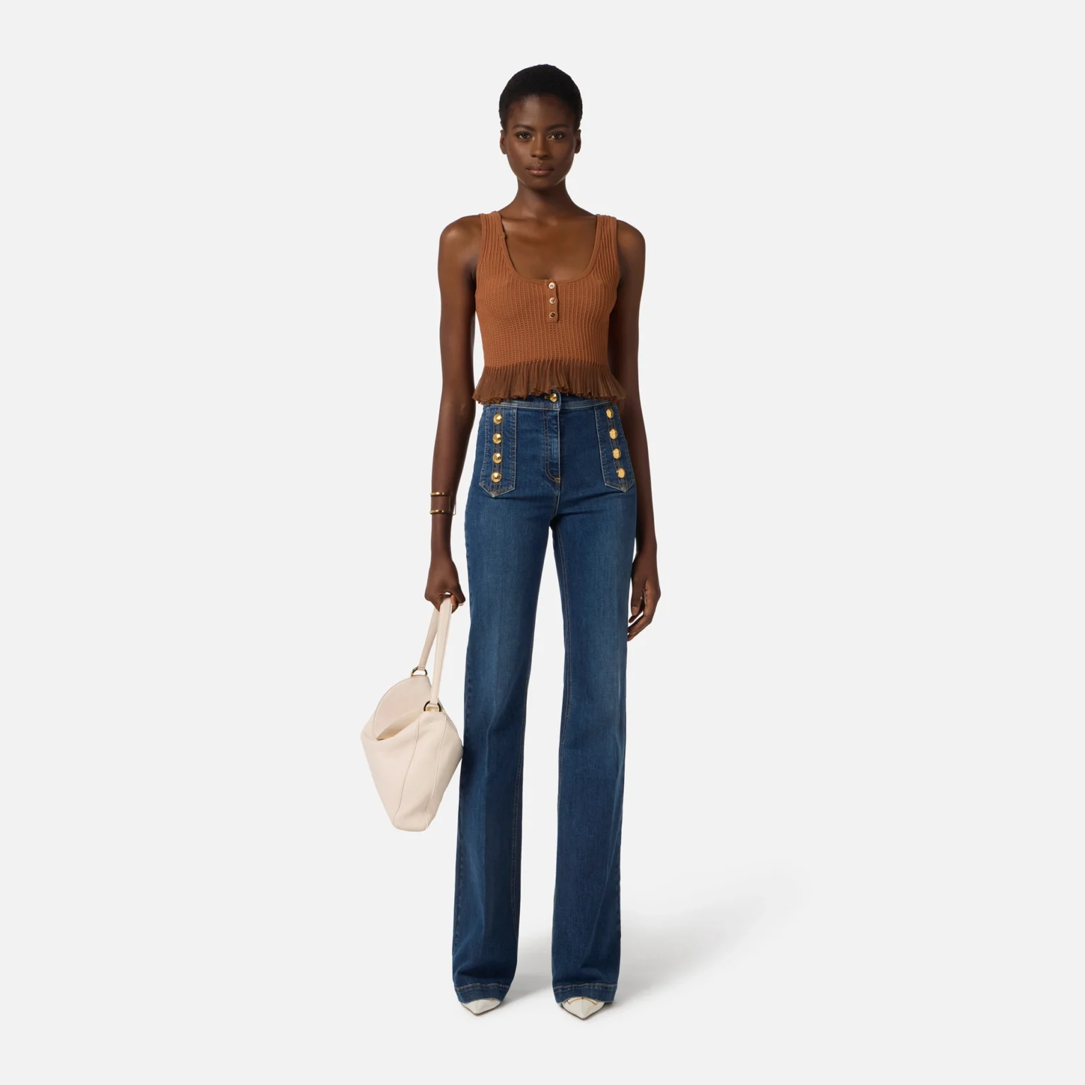 Pantalón denim palazzo con botones