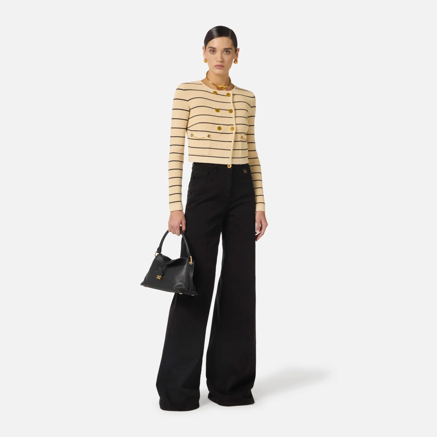 Pantalón denim palazzo con detalles logotipo