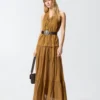 Vestido largo de algdón con volante y cintas